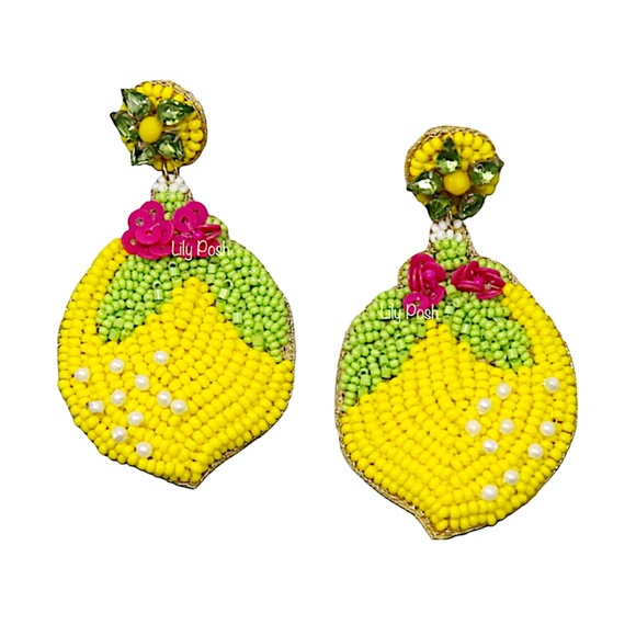 Lemon Stud Earring, Seed Bead Fruit Earring, Summer Tropical Beach Vacation - Picture 1 of 2